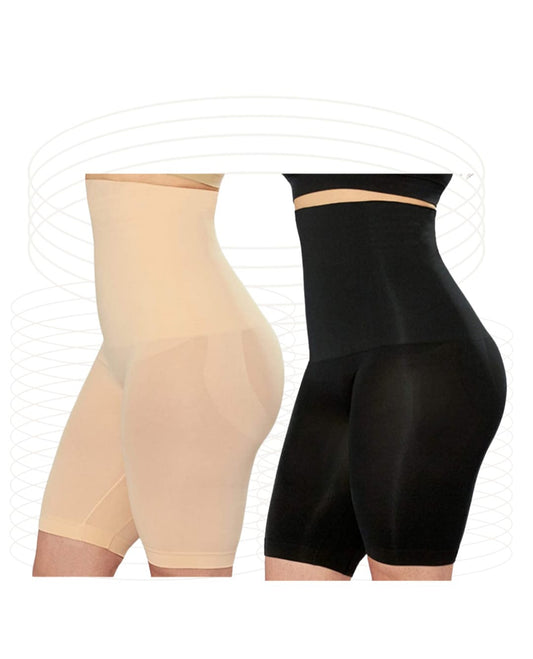 Beige and black shapewear shorts on a white background