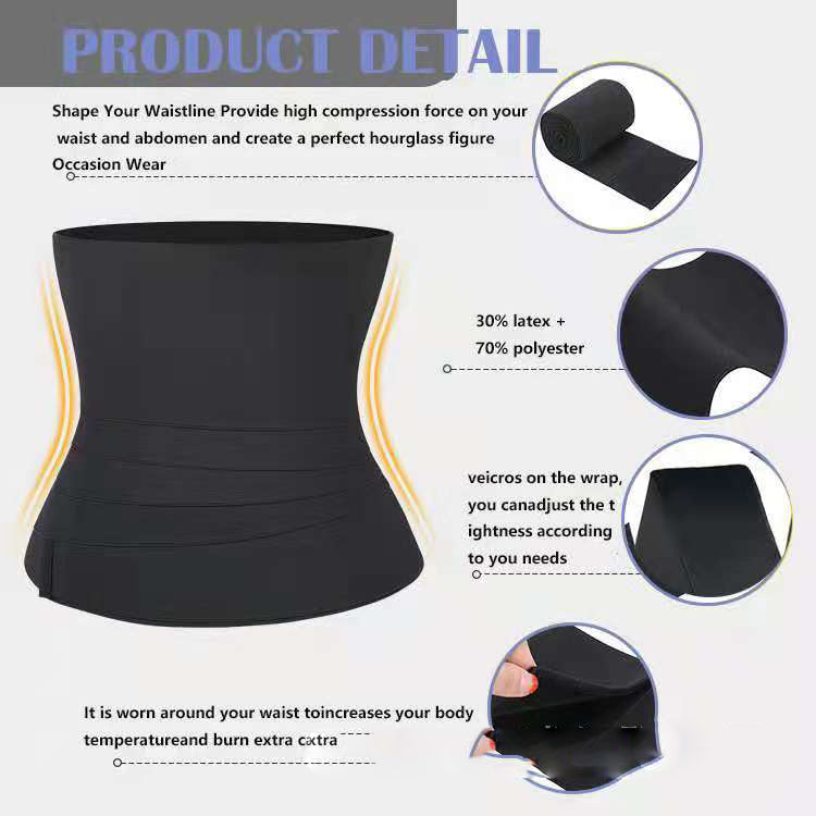 Product details showing composition 30 percent latex and 70 percent polyester waist belt