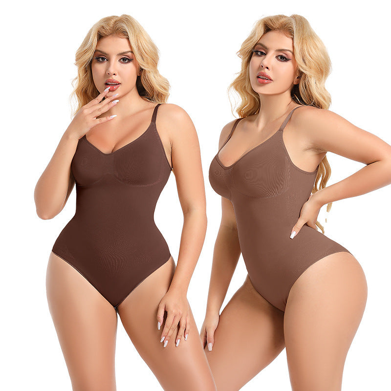 Two women wearing brown bodysuits on a white background
