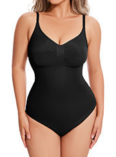 Black one-piece swimsuit worn by a model against a neutral background