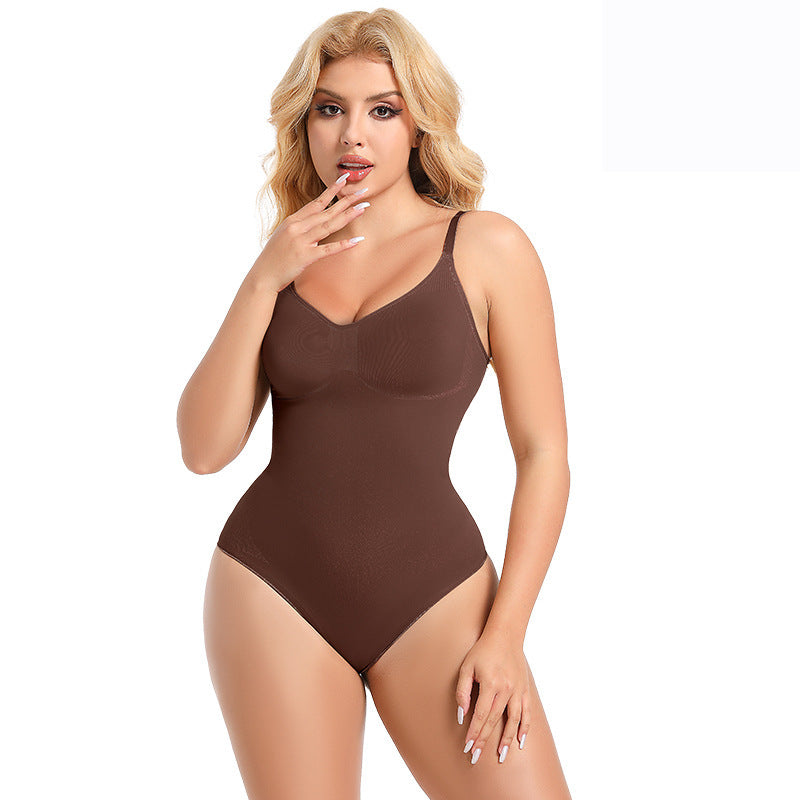Woman wearing a brown bodysuit on a white background