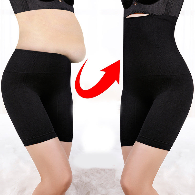 Before and after wearing high-waist black shapewear shorts, white background
