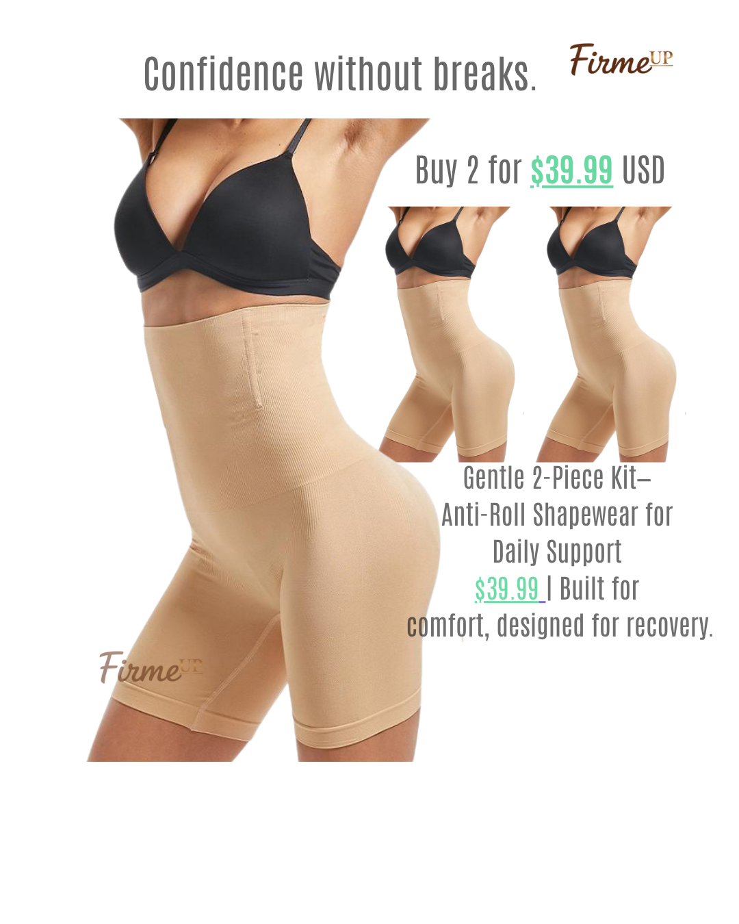 2-Piece Kit - High-Waist Shaping Shorts 4-Bone Anti-Roll (Black - Skin)