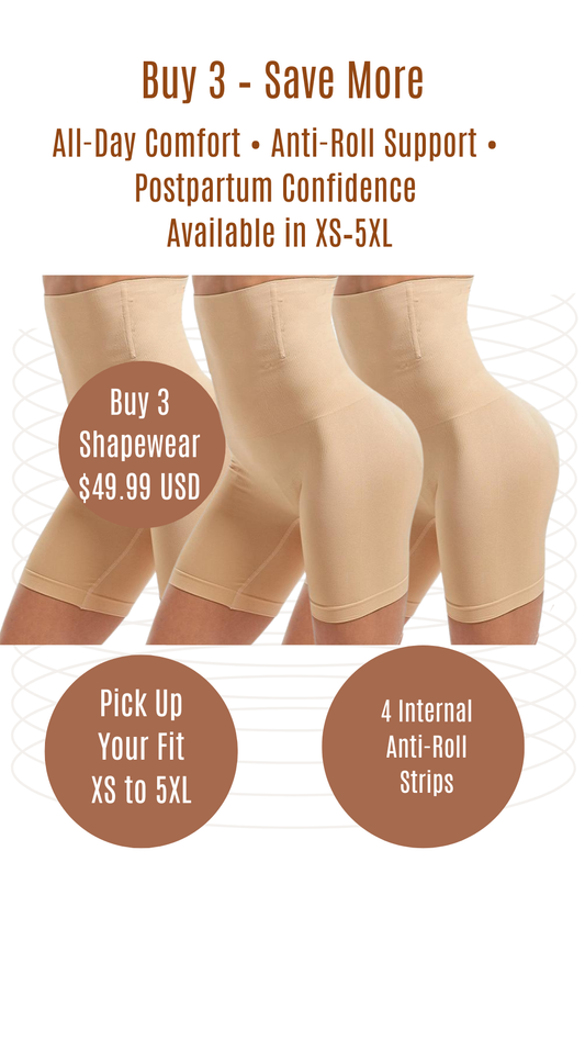 3-Piece Kit - High-Waist Shaping Shorts 4-Bone Anti-Roll (Black or Skin)