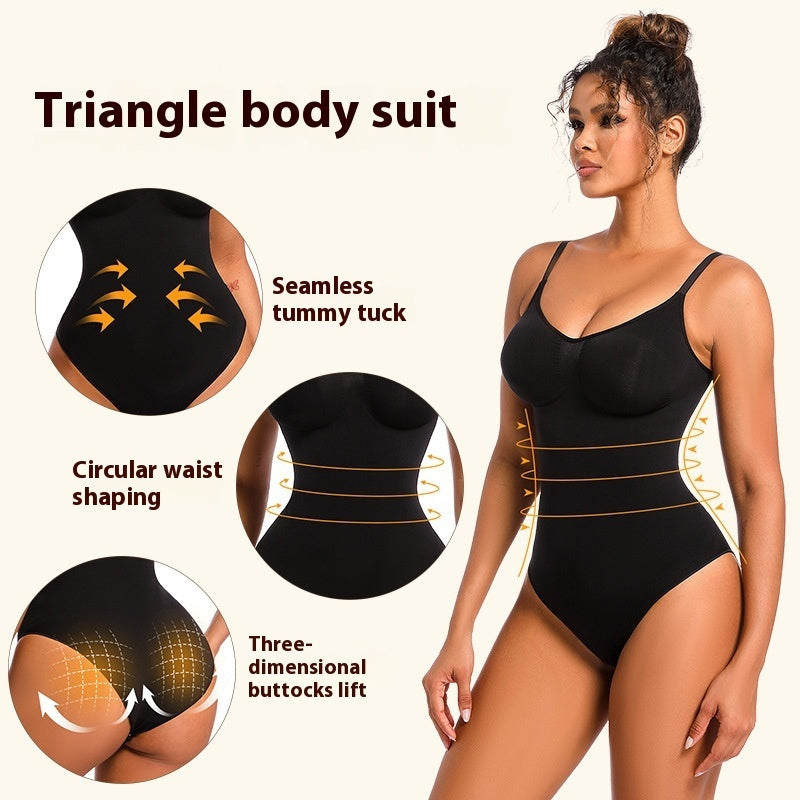 Black triangle body suit with features highlighted on a white background