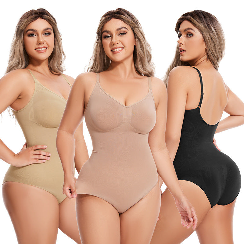 Three women wearing shapewear bodysuits in beige, brown, and black on a white background.